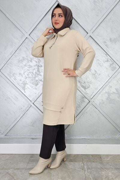 KADIN FERMUAR VE DÜĞME DETAYLI TESETTÜR TUNİK BEJ - 2 BEDEN