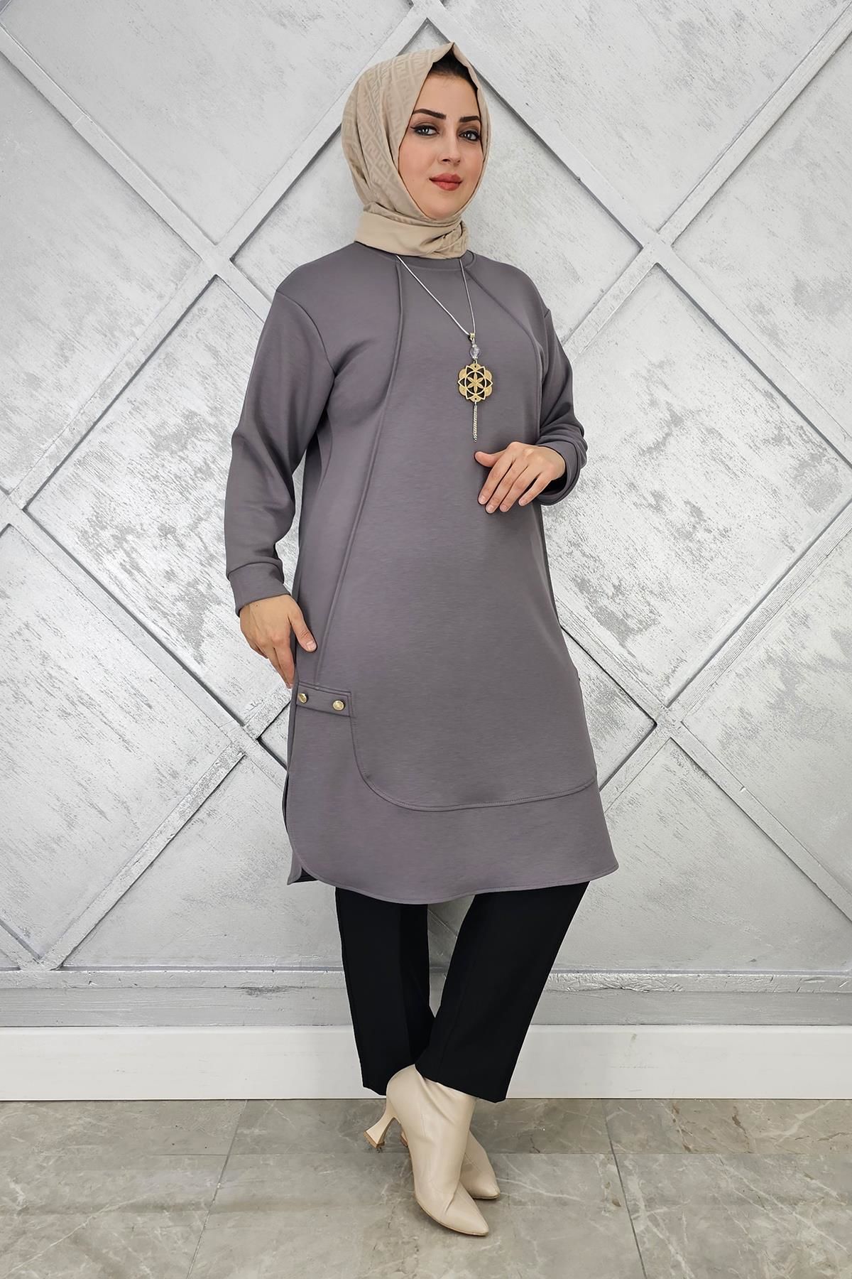 KADIN KOLYE VE DÜĞME DETAYLI TESETTÜR TUNİK GRİ - 5 BEDEN