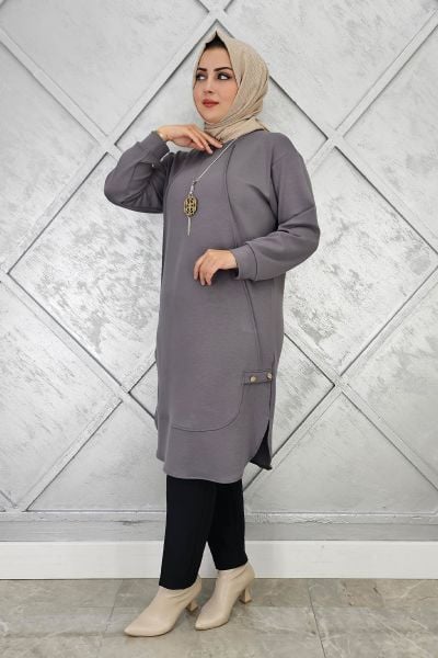 KADIN KOLYE VE DÜĞME DETAYLI TESETTÜR TUNİK GRİ - 5 BEDEN