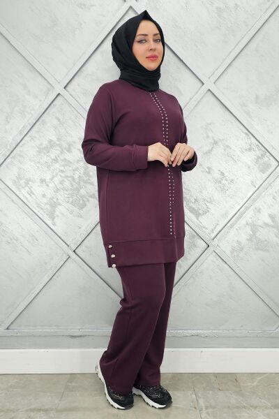 KADIN TAŞ DETAYLI TESETTÜR TAKIM BORDO - 3XL