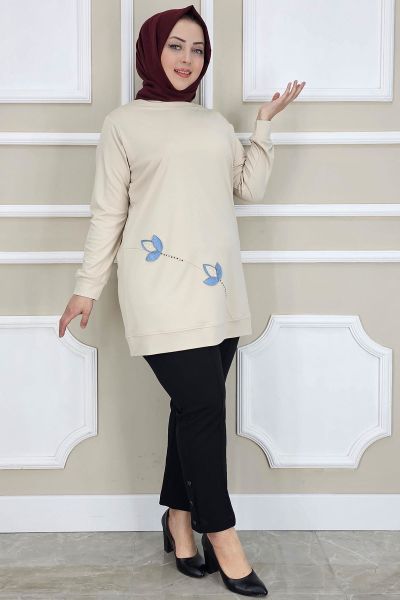 PYS KADIN ÇİÇEK DİKME DETAYLI TESETTÜR TUNİK BEJ - 4 BEDEN