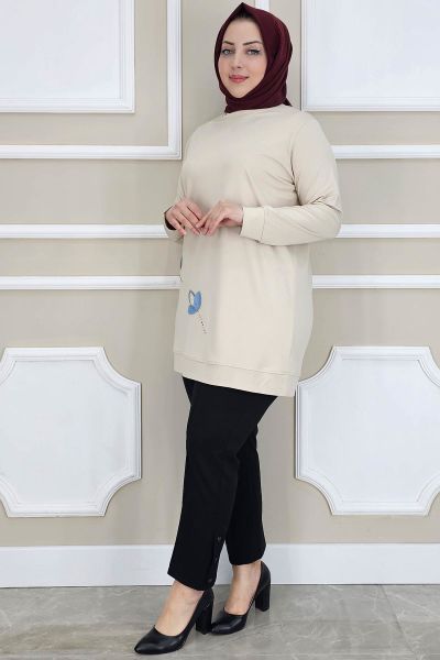 PYS KADIN ÇİÇEK DİKME DETAYLI TESETTÜR TUNİK BEJ - 4 BEDEN