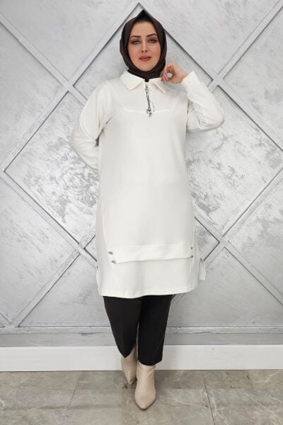 KADIN FERMUAR VE DÜĞME DETAYLI TESETTÜR TUNİK EKRU - 5 BEDEN