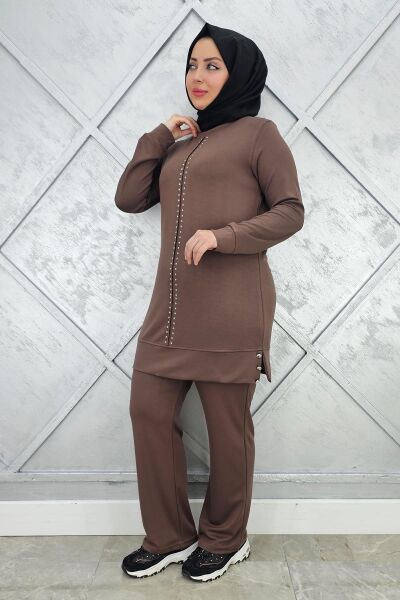 KADIN TAŞ DETAYLI TESETTÜR TAKIM VİZON - 3XL