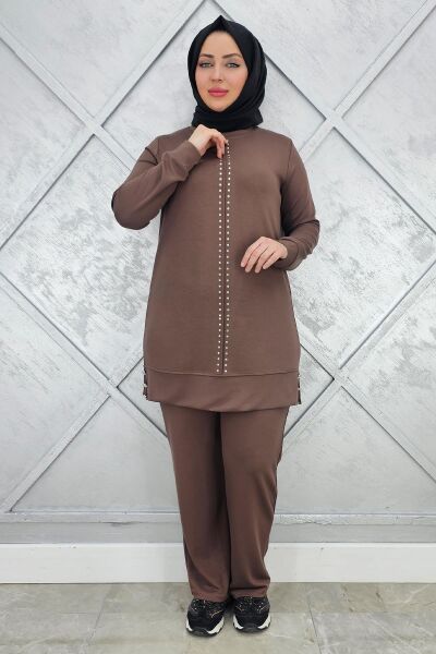 KADIN TAŞ DETAYLI TESETTÜR TAKIM VİZON - 3XL