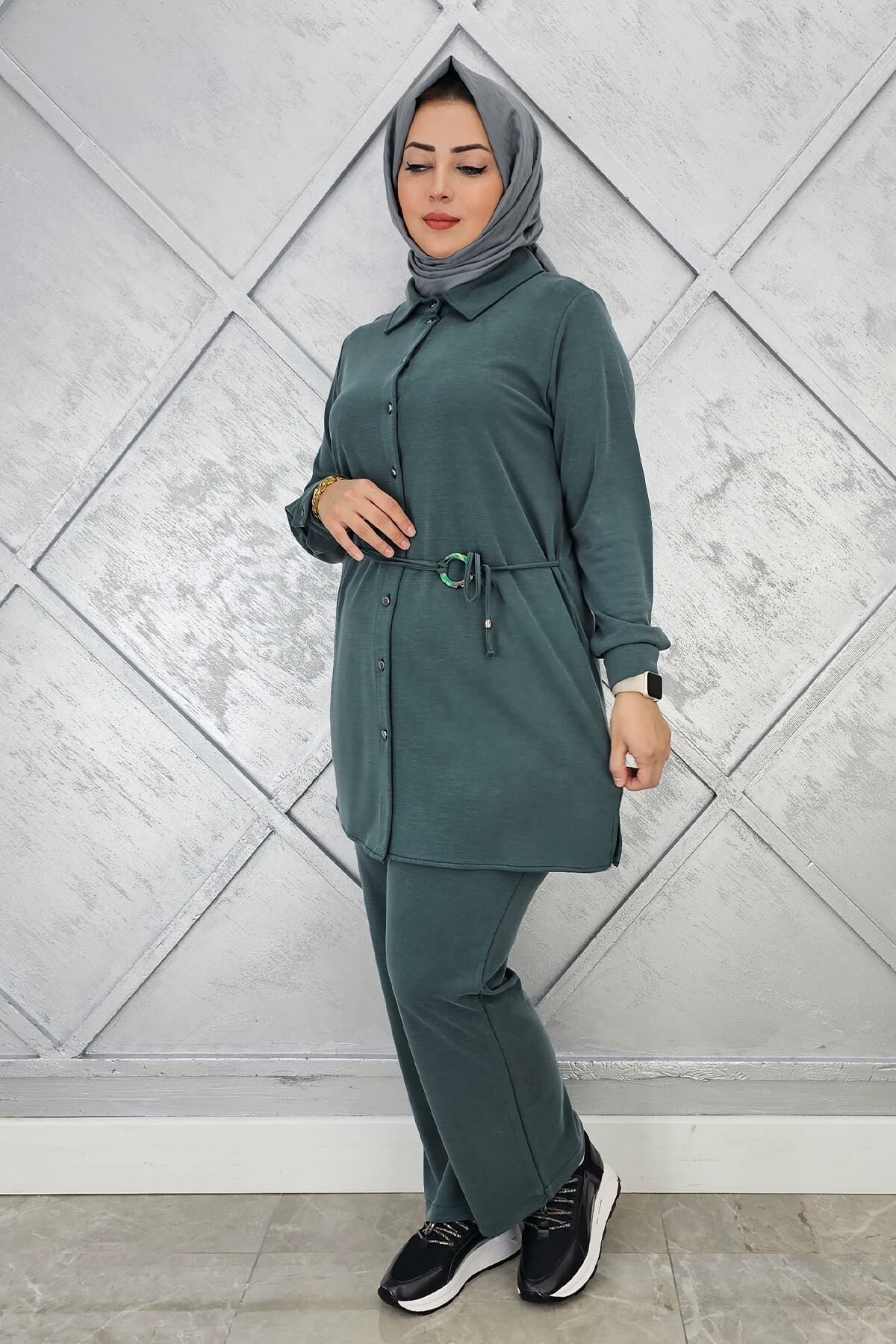 KADIN BELİ KEMER DETAYLI TESETTÜR TAKIM YEŞİL - 4 BEDEN