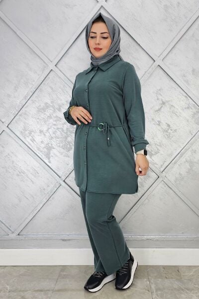 KADIN BELİ KEMER DETAYLI TESETTÜR TAKIM YEŞİL - 4 BEDEN