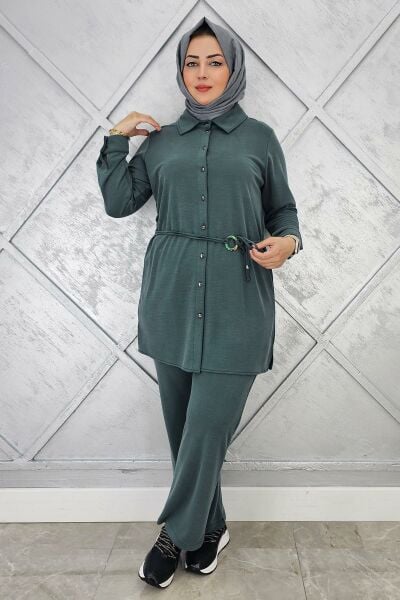 KADIN BELİ KEMER DETAYLI TESETTÜR TAKIM YEŞİL - 4 BEDEN