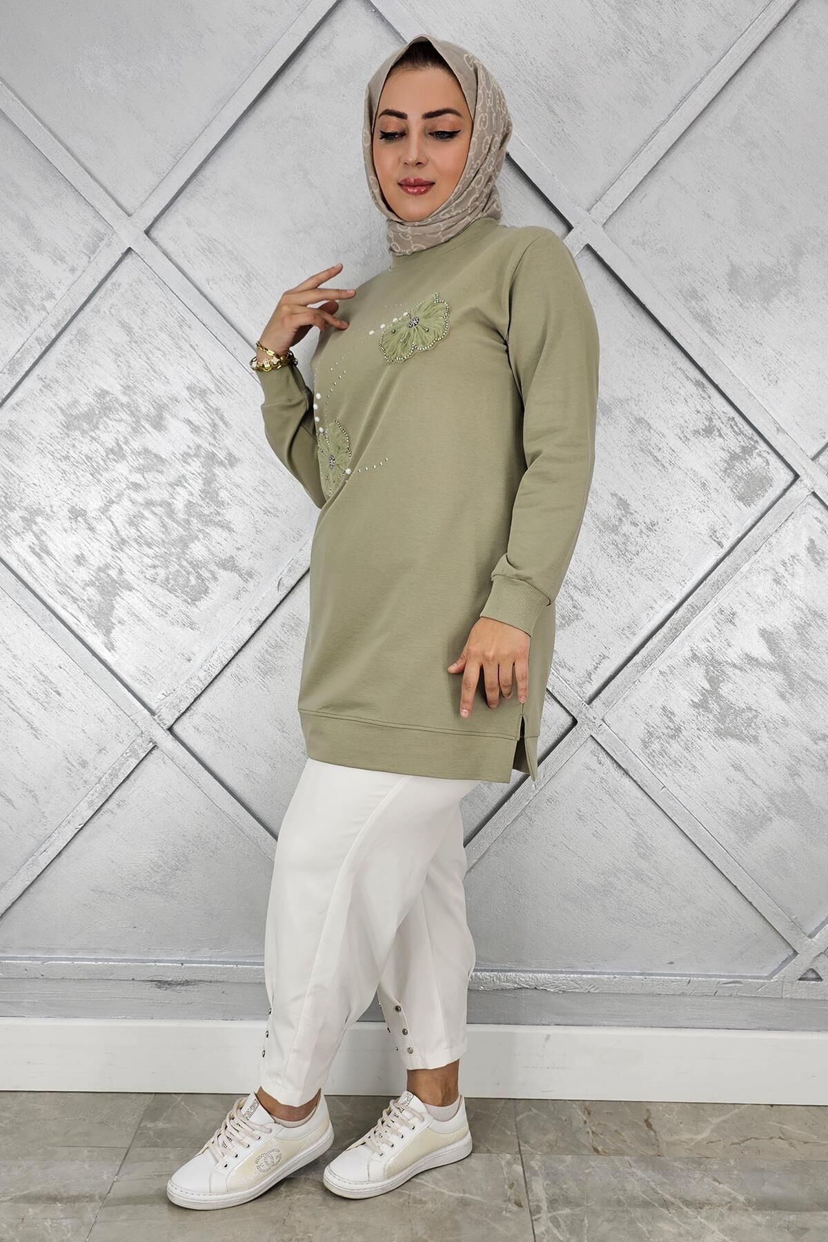 KADIN DİKME ÇİÇEK VE TAŞ DETAYLI TESETTÜR TUNİK MİNT YEŞİLİ - 2 BEDEN