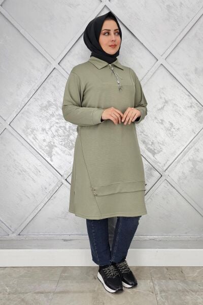 KADIN FERMUAR VE DÜĞME DETAYLI TESETTÜR TUNİK HAKİ - 3 BEDEN