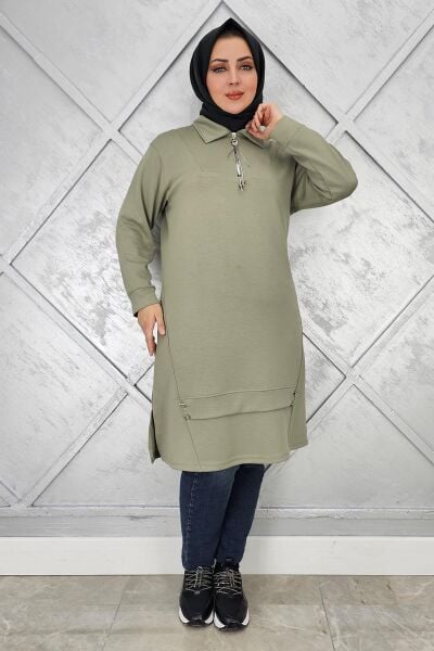 KADIN FERMUAR VE DÜĞME DETAYLI TESETTÜR TUNİK HAKİ - 3 BEDEN