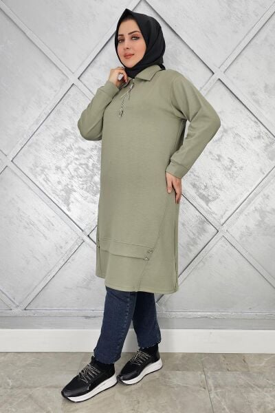 KADIN FERMUAR VE DÜĞME DETAYLI TESETTÜR TUNİK HAKİ - 3 BEDEN