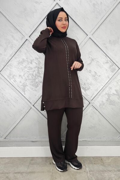 KADIN TAŞ DETAYLI TESETTÜR TAKIM KAHVERENGİ - L