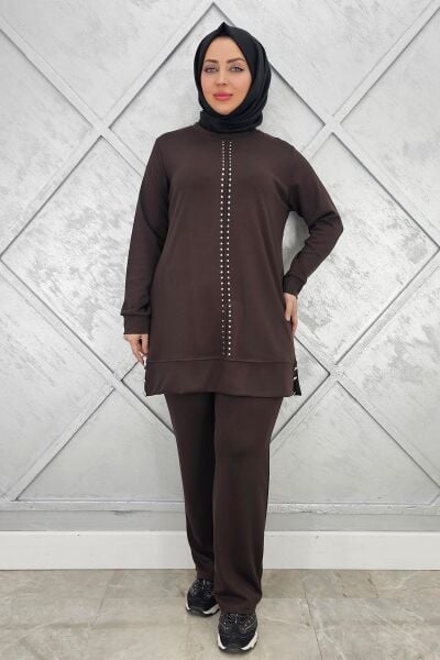 KADIN TAŞ DETAYLI TESETTÜR TAKIM KAHVERENGİ - L