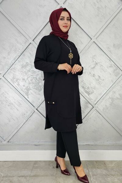 KADIN KOLYE VE DÜĞME DETAYLI TESETTÜR TUNİK SİYAH - 3 BEDEN