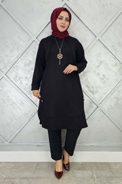 KADIN KOLYE VE DÜĞME DETAYLI TESETTÜR TUNİK SİYAH - 3 BEDEN