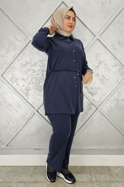 KADIN BELİ KEMER DETAYLI TESETTÜR TAKIM LACİVERT - 4 BEDEN