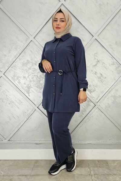 KADIN BELİ KEMER DETAYLI TESETTÜR TAKIM LACİVERT - 4 BEDEN