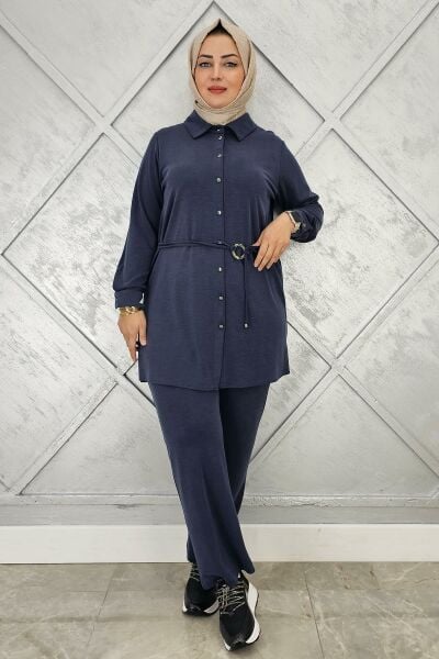 KADIN BELİ KEMER DETAYLI TESETTÜR TAKIM LACİVERT - 4 BEDEN
