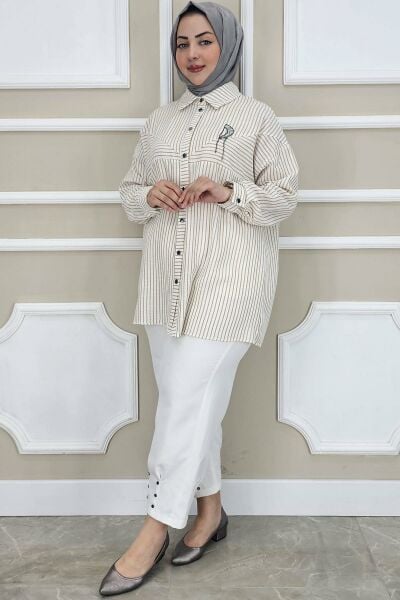 PYS KADIN ÇİZGİLİ BROŞ DETAYLI TESETTÜR GÖMLEK CAMEL - 5 BEDEN