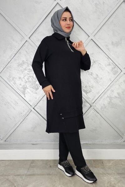 KADIN FERMUAR VE DÜĞME DETAYLI TESETTÜR TUNİK SİYAH - 5 BEDEN