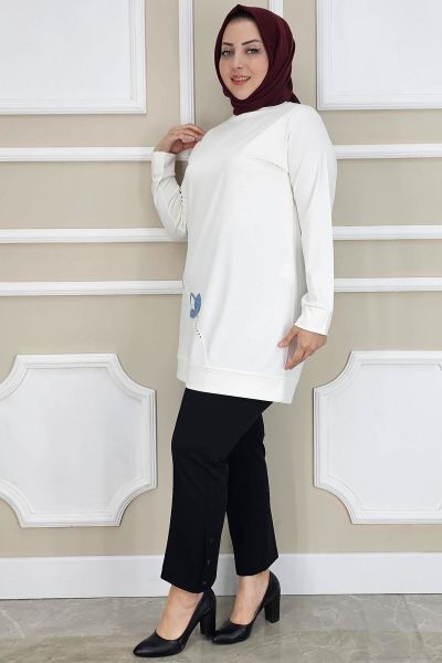 PYS KADIN ÇİÇEK DİKME DETAYLI TESETTÜR TUNİK EKRU - 5 BEDEN