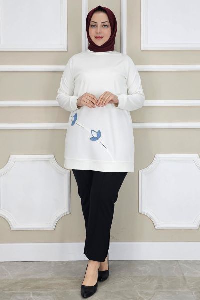 PYS KADIN ÇİÇEK DİKME DETAYLI TESETTÜR TUNİK EKRU - 5 BEDEN