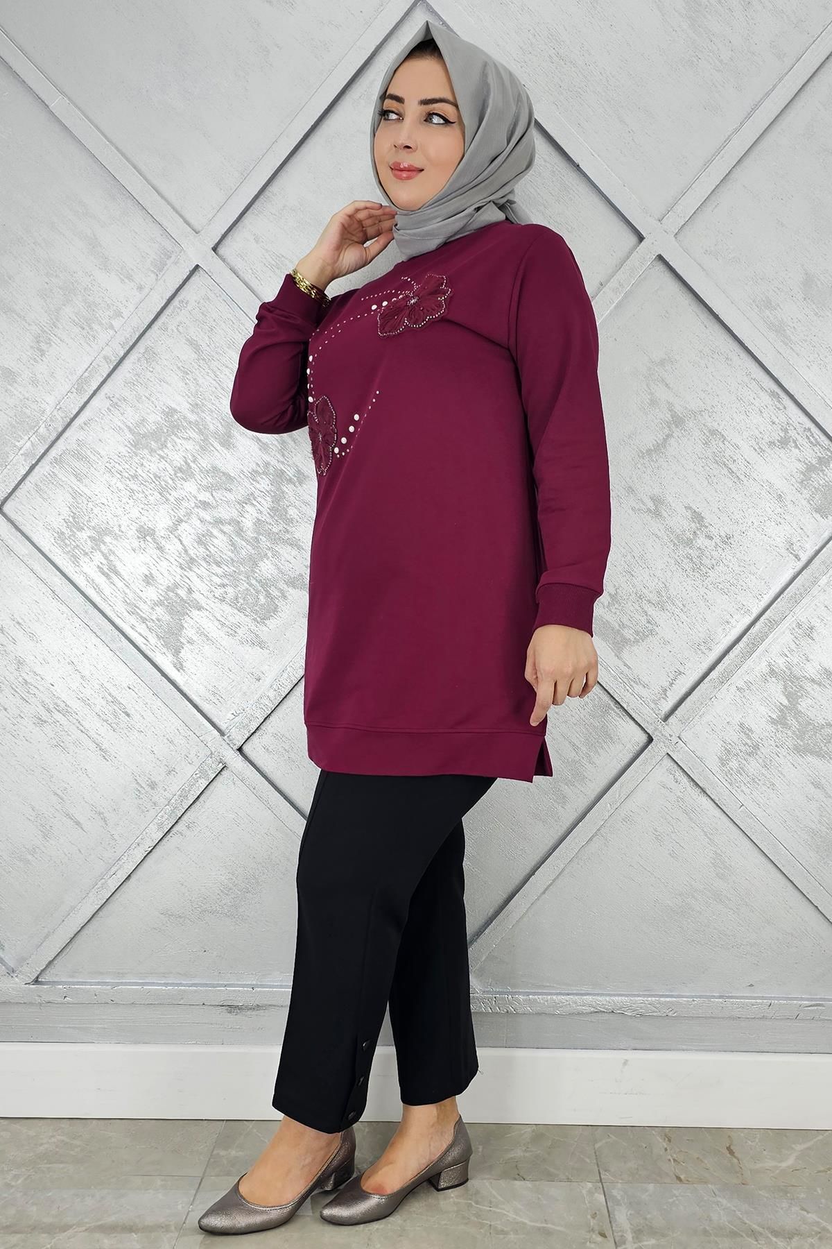 KADIN DİKME ÇİÇEK VE TAŞ DETAYLI TESETTÜR TUNİK BORDO - 2 BEDEN
