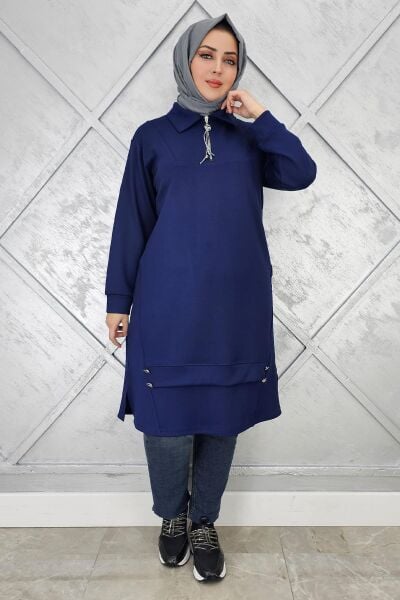 KADIN FERMUAR VE DÜĞME DETAYLI TESETTÜR TUNİK LACİVERT - 5 BEDEN