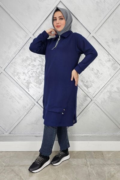 KADIN FERMUAR VE DÜĞME DETAYLI TESETTÜR TUNİK LACİVERT - 5 BEDEN