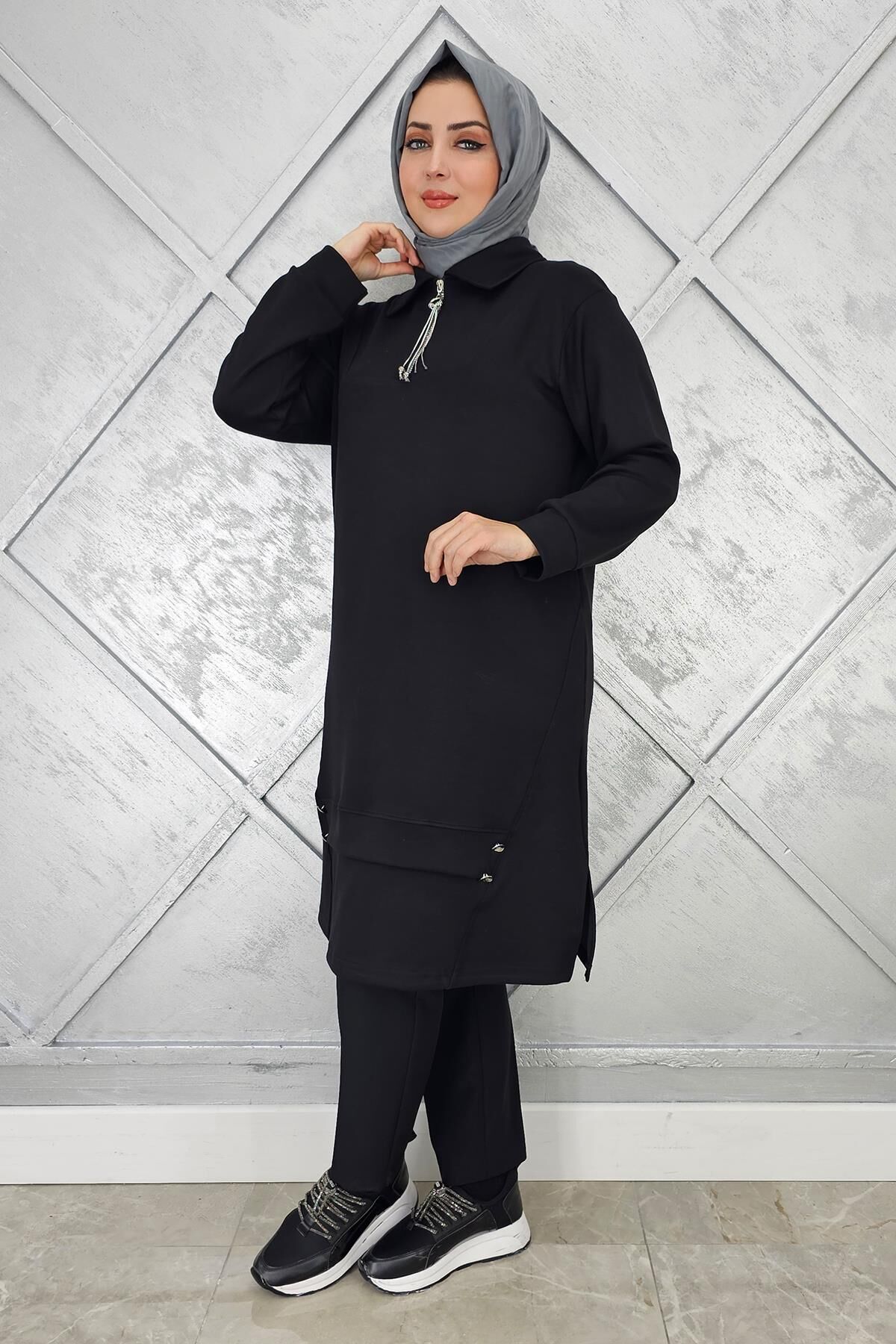 KADIN FERMUAR VE DÜĞME DETAYLI TESETTÜR TUNİK SİYAH - 4 BEDEN