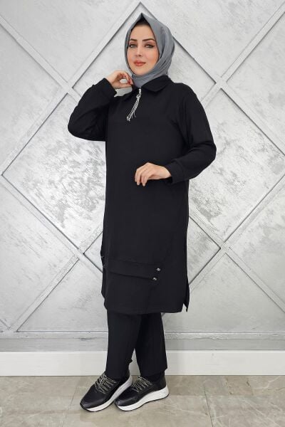 KADIN FERMUAR VE DÜĞME DETAYLI TESETTÜR TUNİK SİYAH - 4 BEDEN