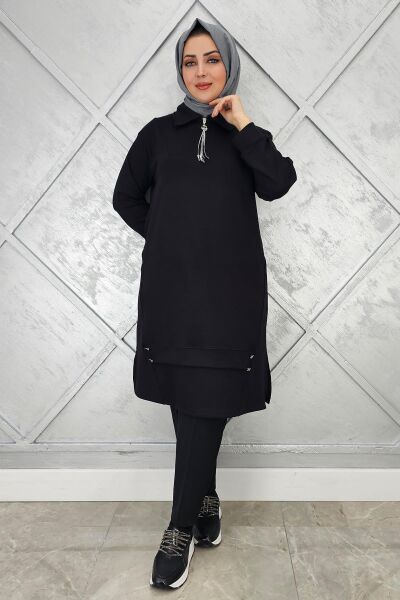 KADIN FERMUAR VE DÜĞME DETAYLI TESETTÜR TUNİK SİYAH - 4 BEDEN