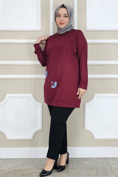 PYS KADIN ÇİÇEK DİKME DETAYLI TESETTÜR TUNİK BORDO - 2 BEDEN