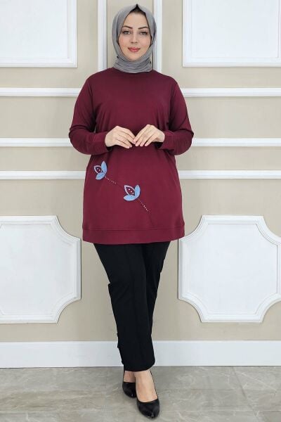 PYS KADIN ÇİÇEK DİKME DETAYLI TESETTÜR TUNİK BORDO - 2 BEDEN