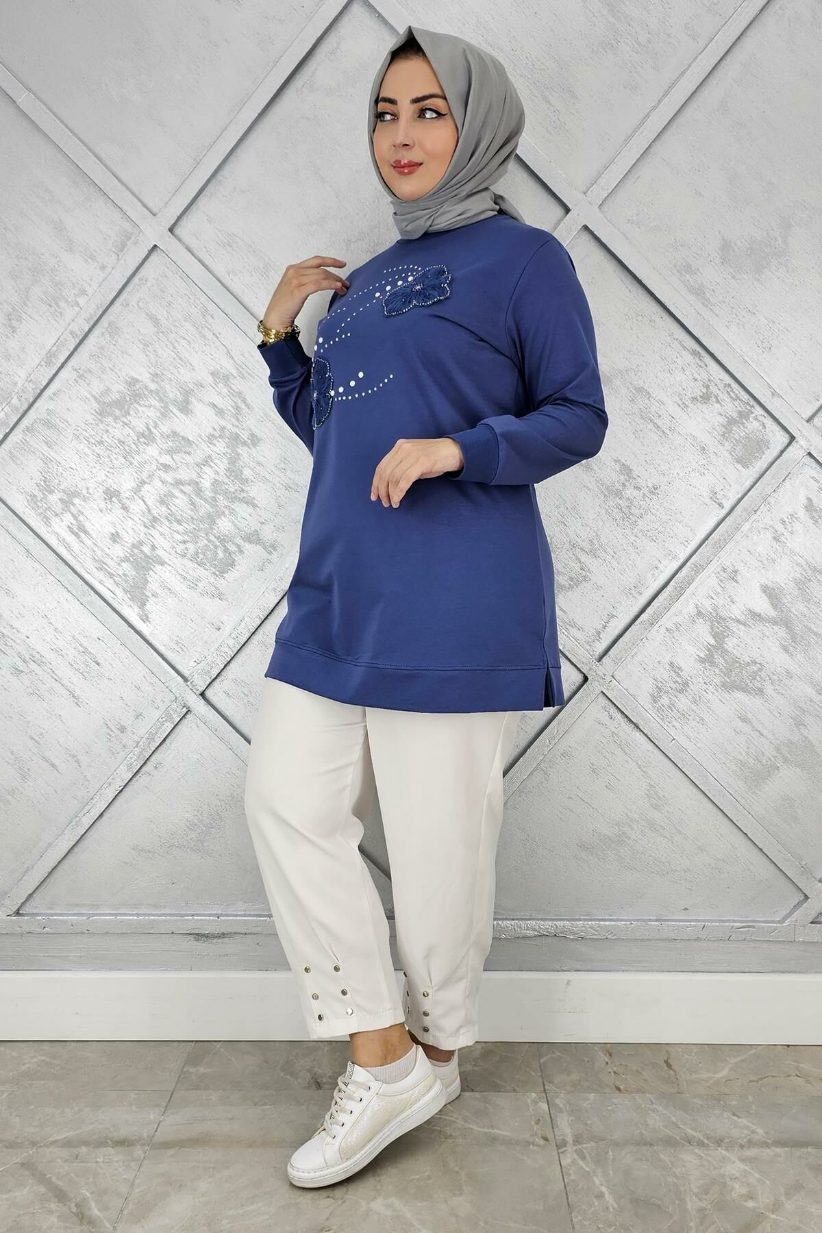 KADIN DİKME ÇİÇEK VE TAŞ DETAYLI TESETTÜR TUNİK İNDİGO - 5 BEDEN
