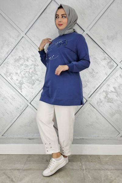 KADIN DİKME ÇİÇEK VE TAŞ DETAYLI TESETTÜR TUNİK İNDİGO - 5 BEDEN