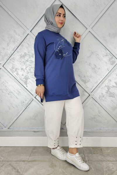 KADIN DİKME ÇİÇEK VE TAŞ DETAYLI TESETTÜR TUNİK İNDİGO - 5 BEDEN
