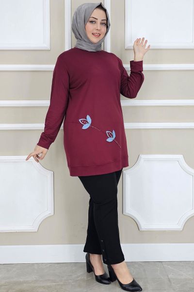 PYS KADIN ÇİÇEK DİKME DETAYLI TESETTÜR TUNİK BORDO - 4 BEDEN