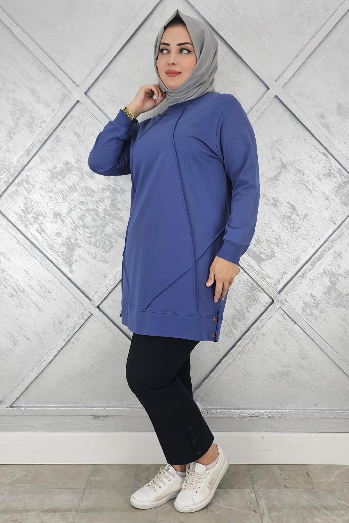 KADIN KOLYE DETAYLI TESETTÜR TUNİK İNDİGO - TOPTAN