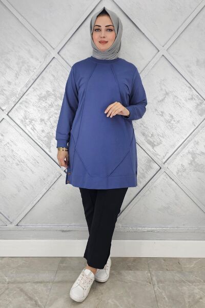 KADIN KOLYE DETAYLI TESETTÜR TUNİK İNDİGO - TOPTAN