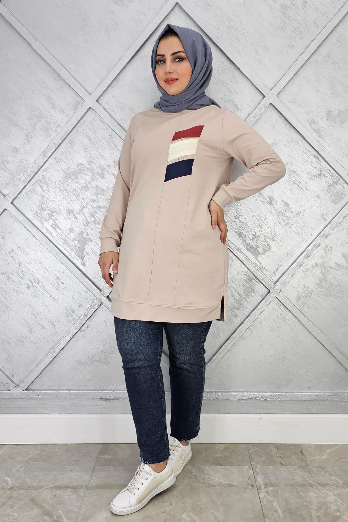 KADIN PARAŞÜT KUMAŞ KOMBİNLİ TESETTÜR TUNİK BEJ - 3XL