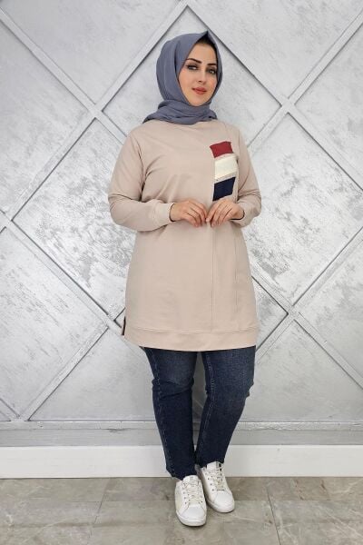 KADIN PARAŞÜT KUMAŞ KOMBİNLİ TESETTÜR TUNİK BEJ - 3XL