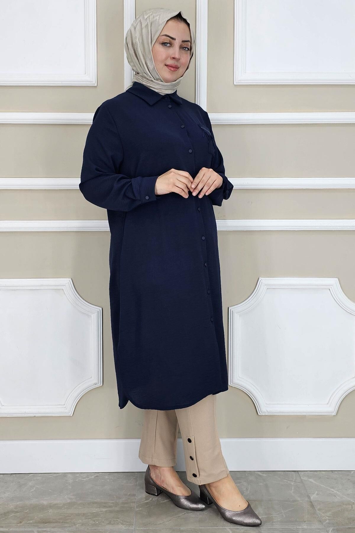 PYS KADIN CEBİ PÜSKÜL DETAYLI TESETTÜR GÖMLEK LACİVERT - 2 BEDEN