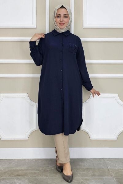 PYS KADIN CEBİ PÜSKÜL DETAYLI TESETTÜR GÖMLEK LACİVERT - 2 BEDEN