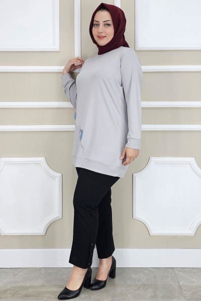 PYS KADIN ÇİÇEK DİKME DETAYLI TESETTÜR TUNİK GRİ - 2 BEDEN