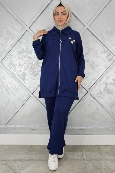 KADIN FERMUARLI ÇİÇEK DETAYLI TESETTÜR TAKIM PARLEMENT - 2 BEDEN