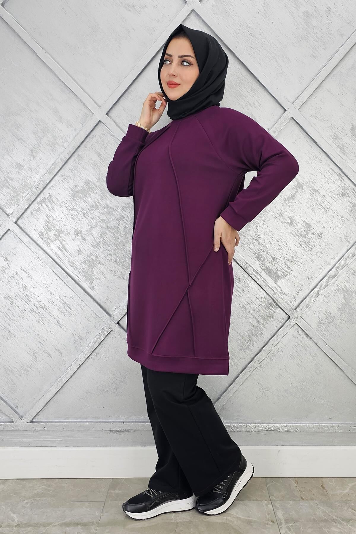 KADIN NERVÜR DİKİM TESETTÜR TUNİK MOR - 3 BEDEN
