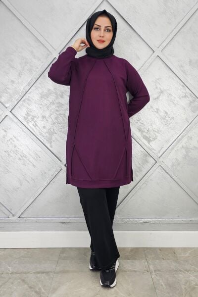 KADIN NERVÜR DİKİM TESETTÜR TUNİK MOR - 3 BEDEN
