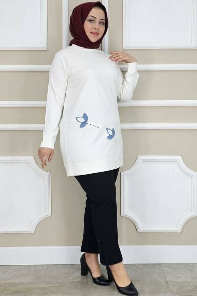 PYS KADIN ÇİÇEK DİKME DETAYLI TESETTÜR TUNİK EKRU - 4 BEDEN